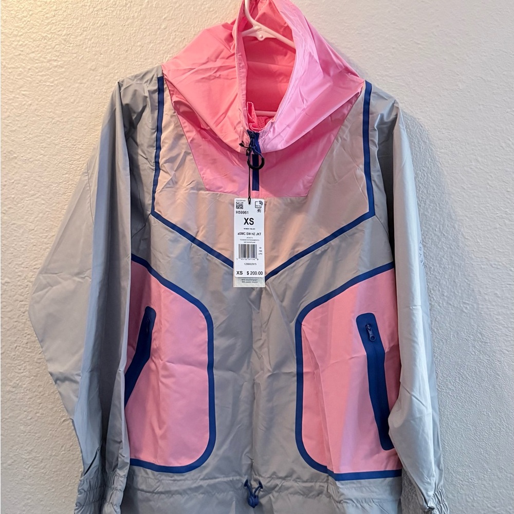 Adidas Stella McCartney Pink and Gray Hooded Windbreaker with Blue Accents NWT